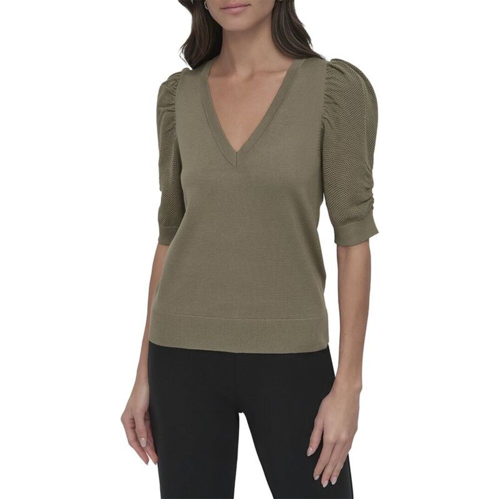 Dkny Womens  V-Neck Twist Sleeve Sweater, Green